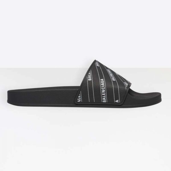 Balenciaga Men Stripe Piscine Slide Sandal in Black and White Printed Rubber