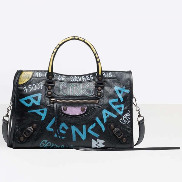 Balenciaga Women Classic City S Graffiti Small Lambskin Bag-Blue