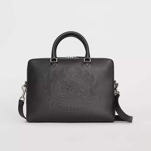 Burberry Men Embossed Crest Leather Briefcase-Black