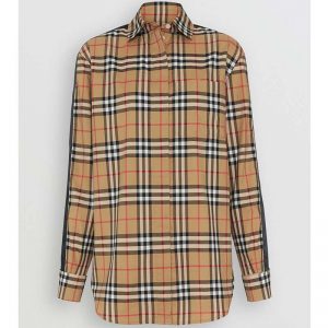 Burberry Women Satin Stripe Vintage Check Shirt-Brown