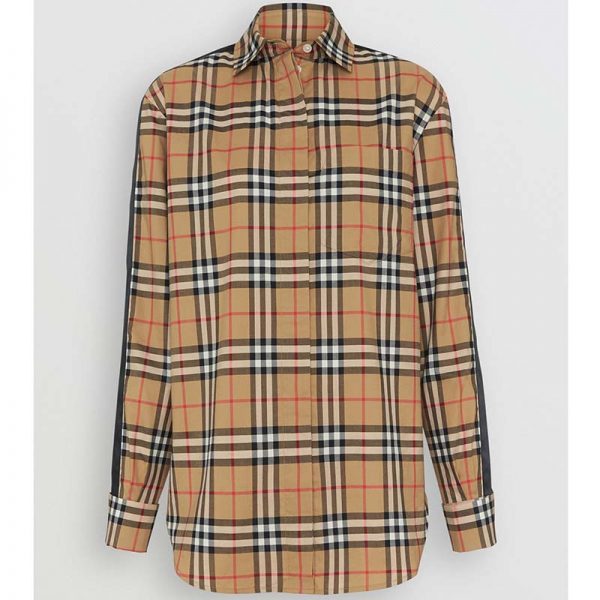 Burberry Women Satin Stripe Vintage Check Shirt-Brown
