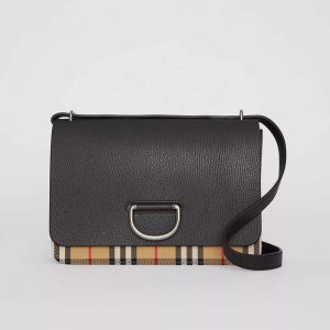 Burberry Women The Medium Vintage Check Leather D-Ring Bag-Black