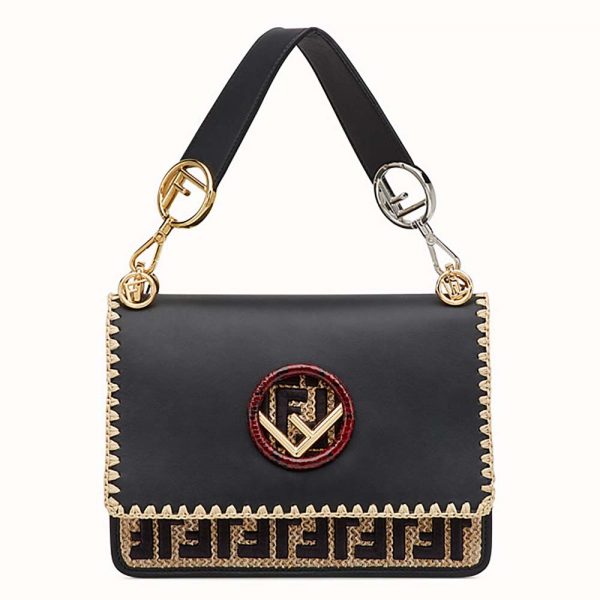 Fendi Women KAN I F Exotic Black Leather and Raffia Bag