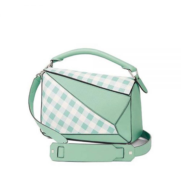Loewe Women Puzzle Gingham Bag in Calfskin-Lime