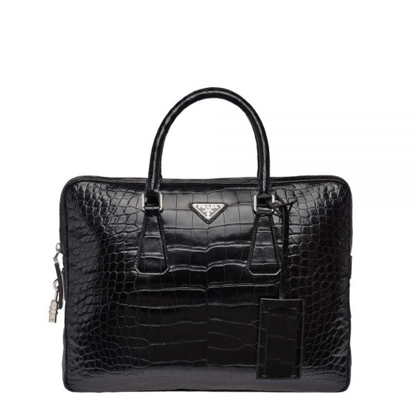 Prada Men Crocodile Leather Briefcase-Black