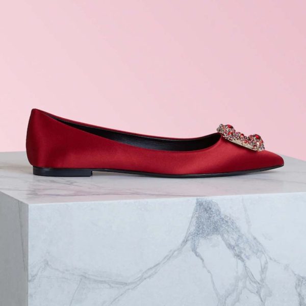 Roger Vivier Women Flower Strass Buckle Ballerinas Silk Satin-Red