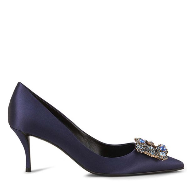 Roger Vivier Women Silk Flower Strass Pumps 65mm Heel-Navy