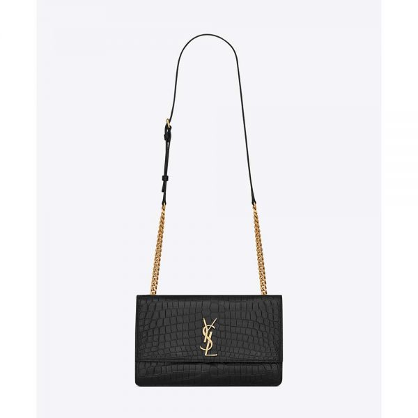 Saint Laurent YSL Women Sunset Medium Supple Crocodile Embossed-Black
