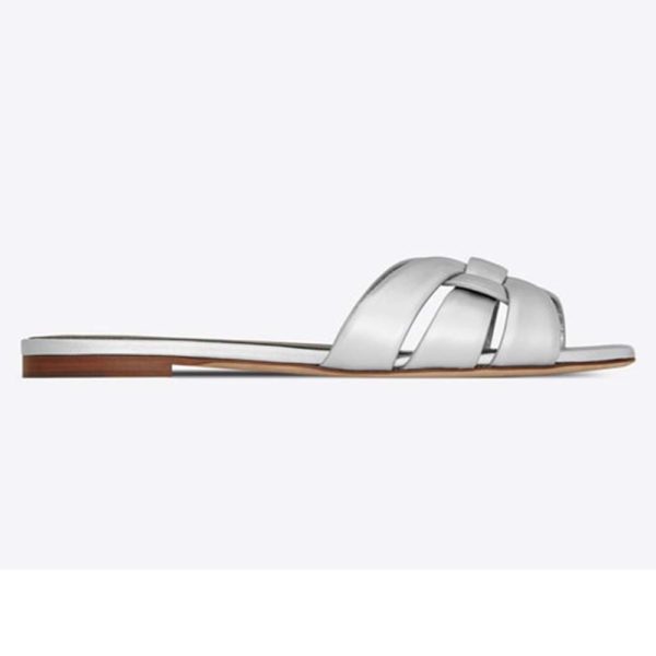 Saint Laurent YSL Women Tribute Flat Sandals Metallic Leather-Silver