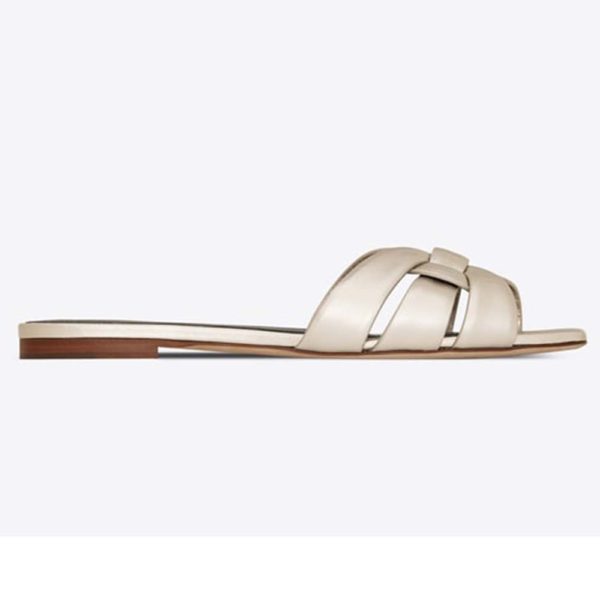 Saint Laurent YSL Women Tribute Flat Sandals in Metallic Leather-White