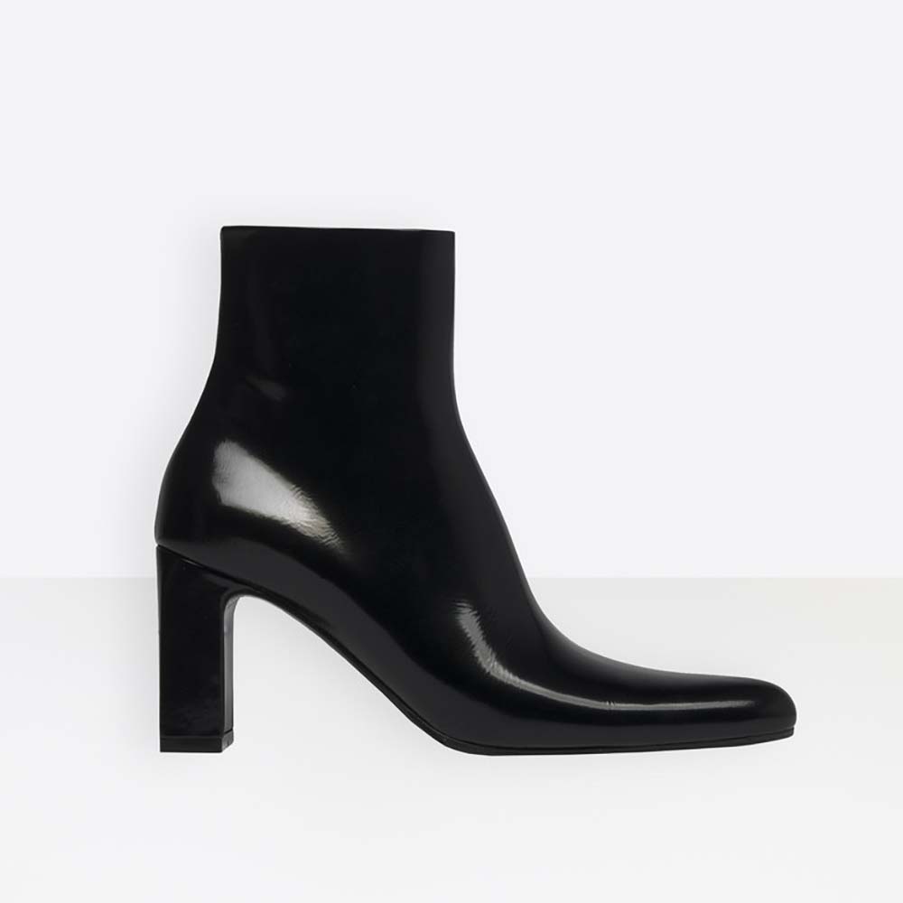 Balenciaga Women Shoes Round Toe Glazed Calfskin Booties 80mm Heel-Black