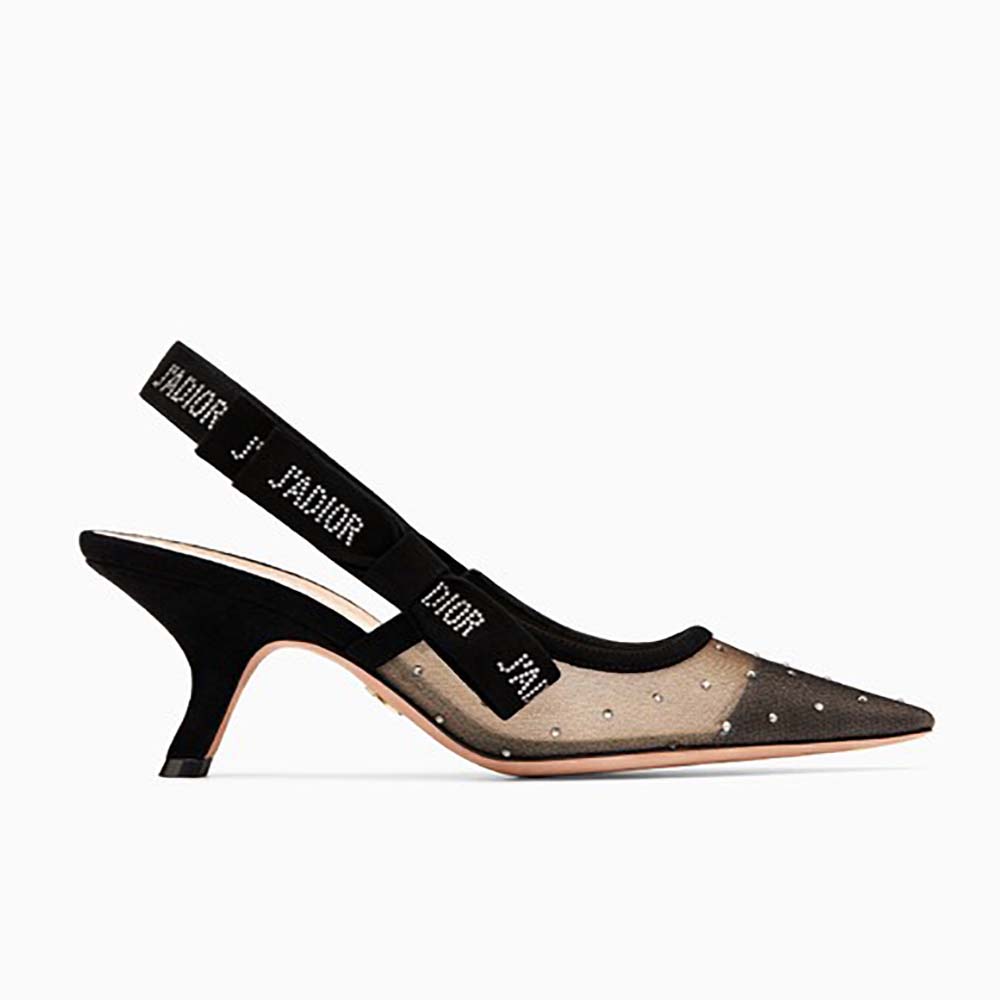 Dior Women J'Adior Slingback Nude Dotted Swiss Rhinestones Ribbon Adorned Rhinestones