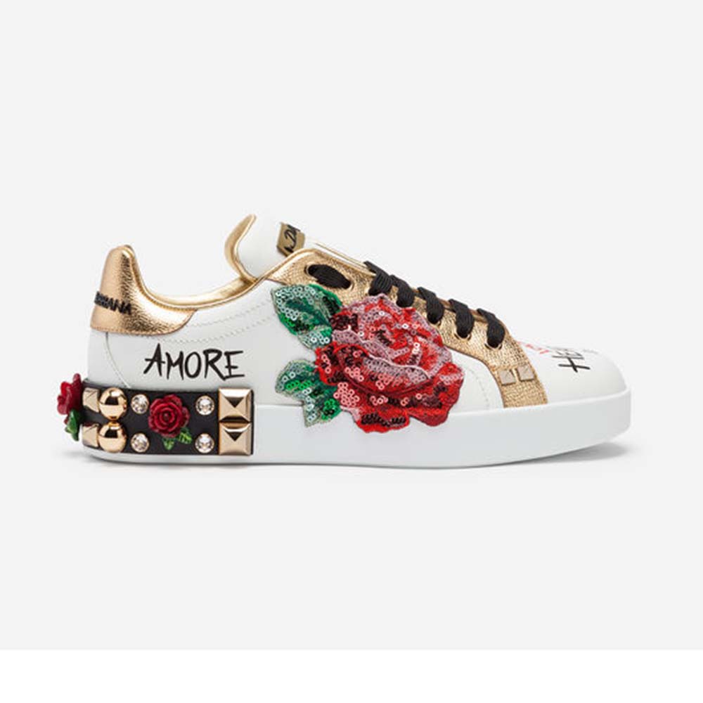 Dolce Gabbana D&G Women Sneakers in Printed Nappa Calfskin with Applications-White