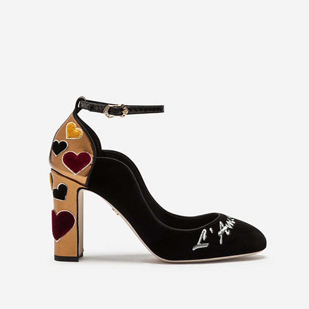 Dolce Gabbana D&G Women Shoes Velvet Pumps with Strap and Embroidery 90mm Heel