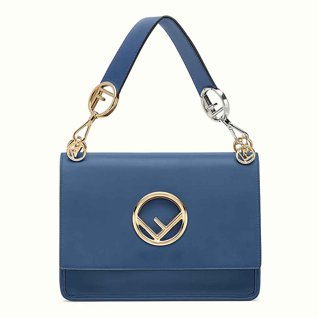 Fendi KAN I F Top Flap Leather Bag with Strap-Navy Blue