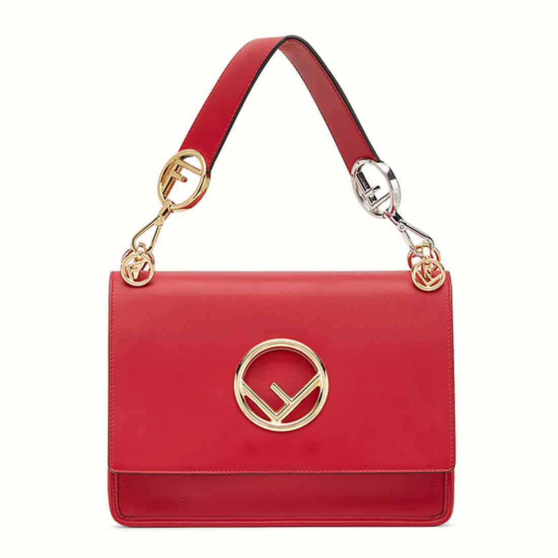 Fendi KAN I F Top Flap Leather Bag with Strap-Red