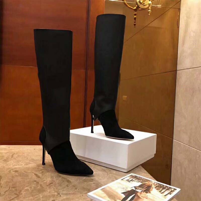 Jimmy Choo Women Shoes Hurley 100 Black Suede And Calf Leather Two Piece Knee High Booties