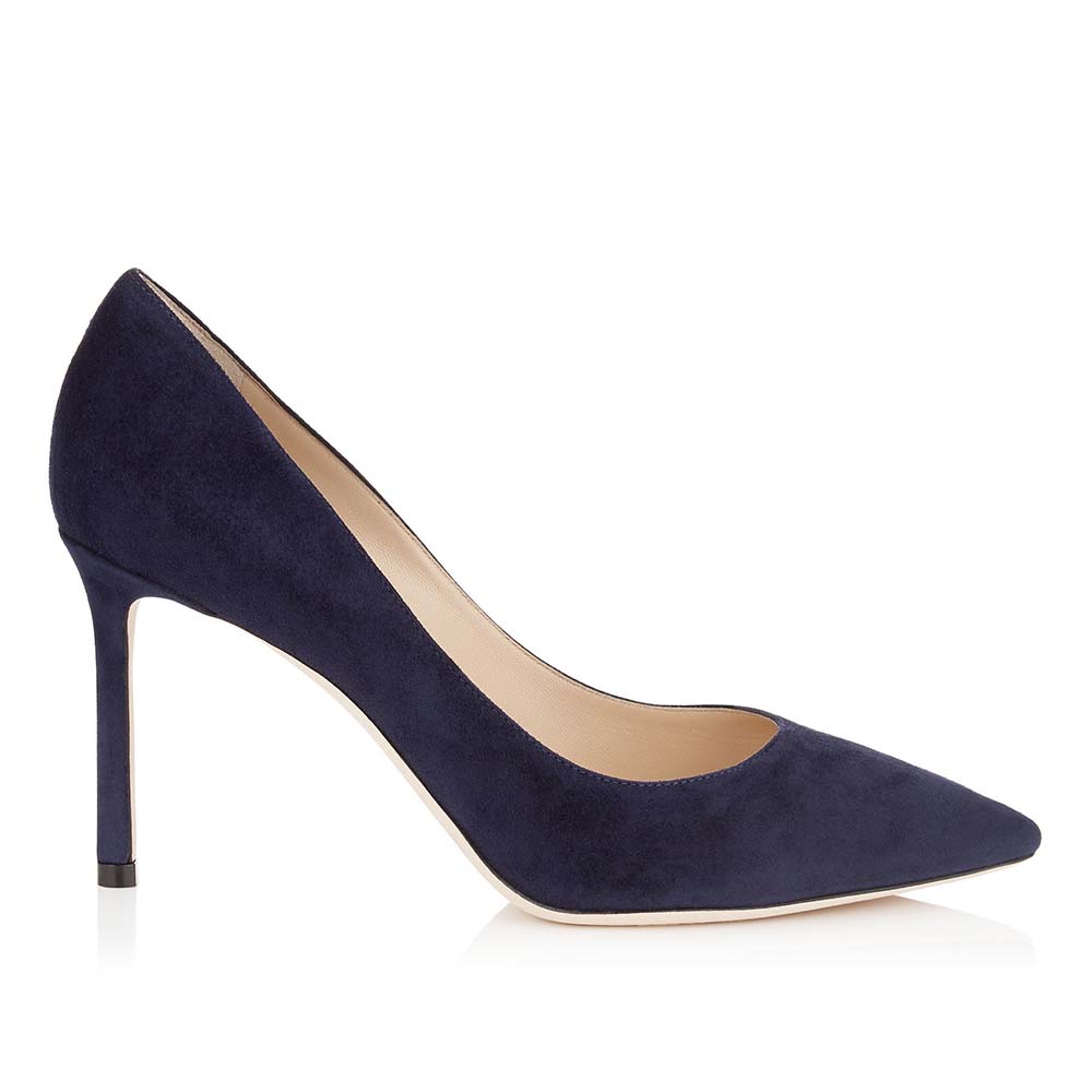 Jimmy Choo Women Shoes Romy 85 Opal Suede Pointy Toe Pumps-Navy