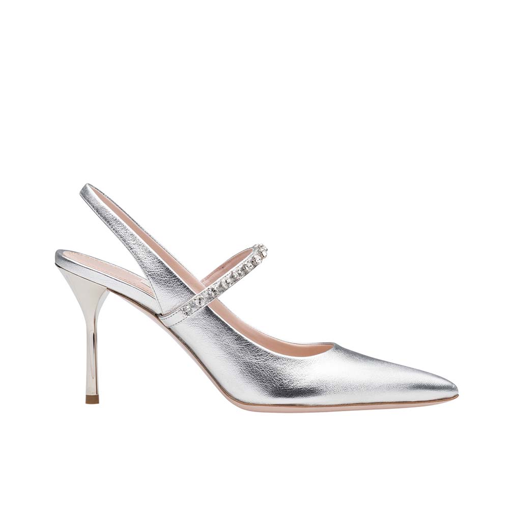 Miu Miu Women Shoes Nappa Leather Slingbacks with Crystals 85mm Heel-Silver