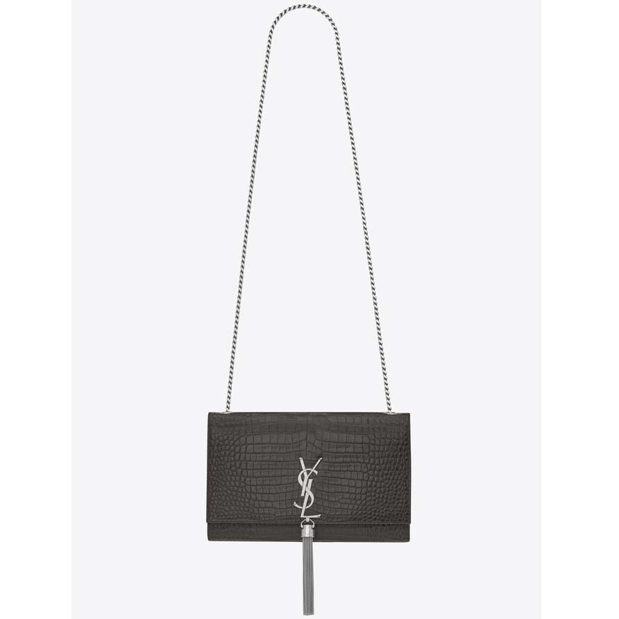 Saint Laurent YSL Women Kate Medium Tassel Embossed Crocodile Shiny-Grey
