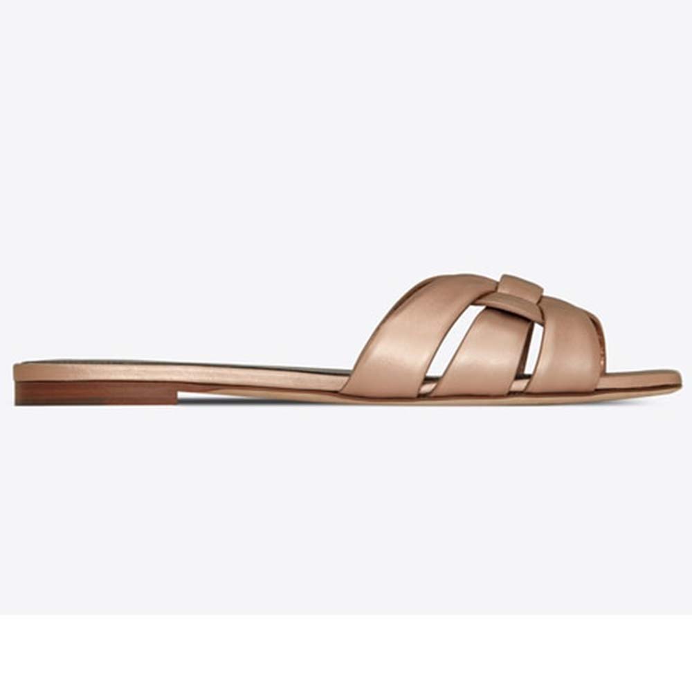 Saint Laurent YSL Women Tribute Flat Sandals in Metallic Leather-Gold