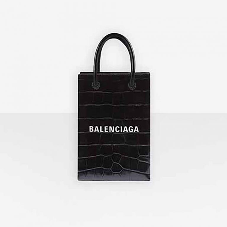 Balenciaga Unisex Shopping Phone Holder Shopping Phone Holder in Black Crocodile Embossed Calfskin