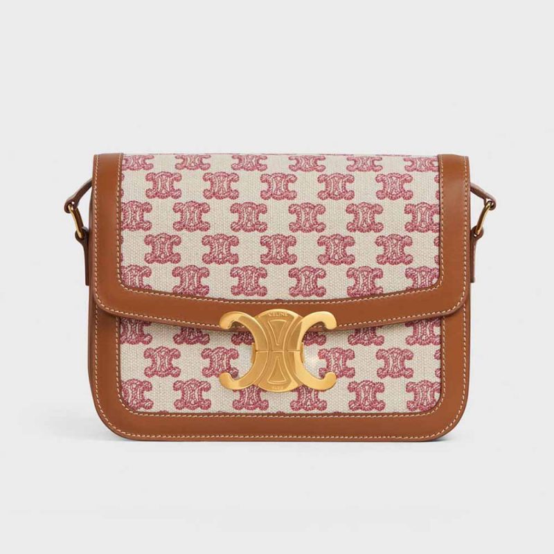 Celine Women Teen Triomphe Bag in Textile with Triomphe Embroidery and Calfskin