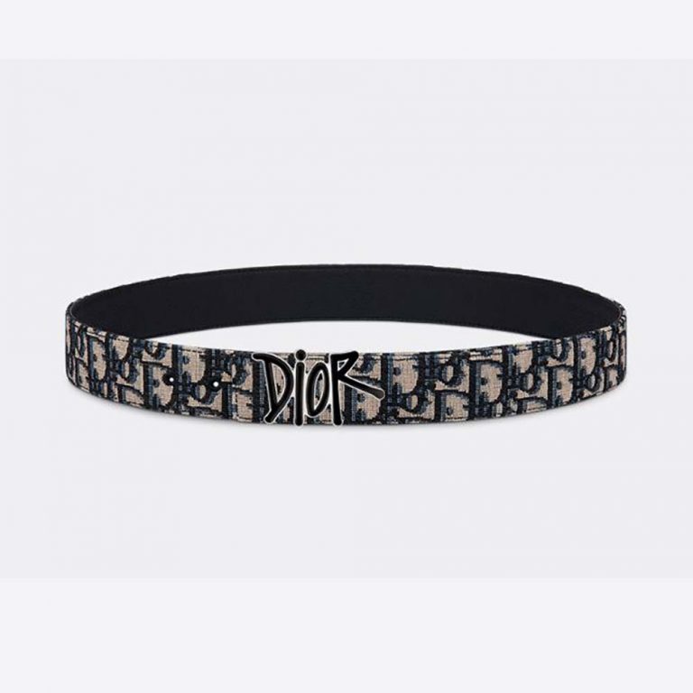 Dior Men Beige and Black Dior Oblique Jacquard and Black Grained Calfskin, 35 MM