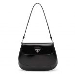 Prada Women Cleo Brushed Leather Dhoulder Bag with Flap-Black