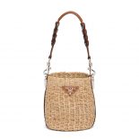 Prada Women Corn Husk and Leather Bucket Bag