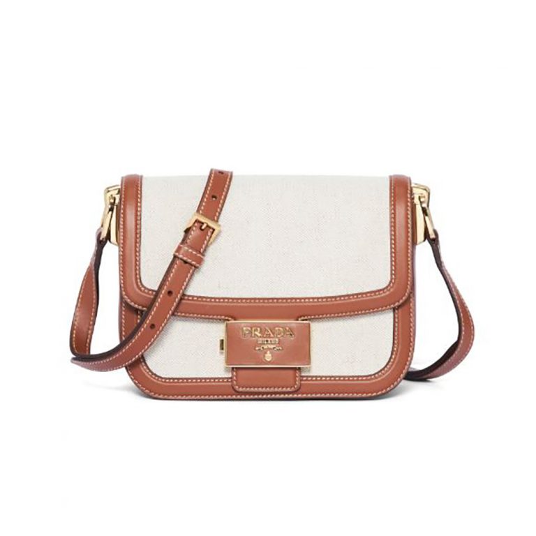 Prada Women Prada Emblème Bag in Linen Blend and Leather
