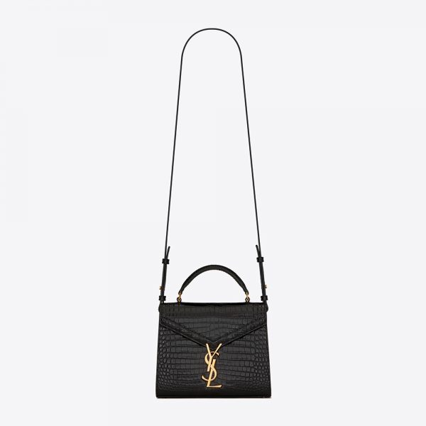Saint Laurent YSL Women Cassandra Mini Top Handle Bag in Crocodile-Embossed Shiny Leather