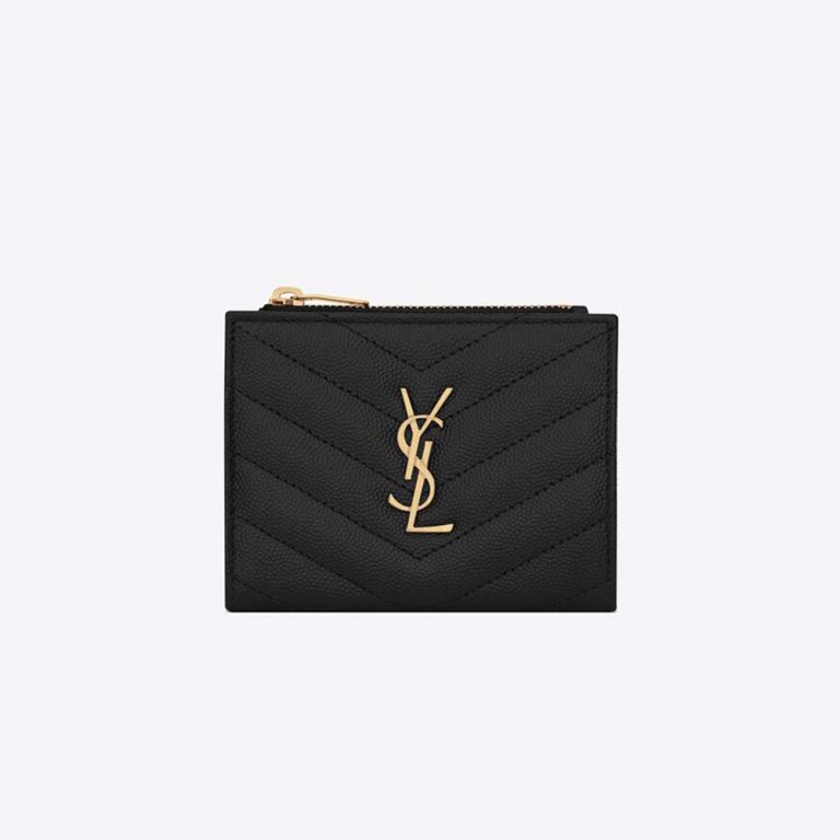 Saint Laurent YSL Women Monogram Zipped Card Case in Grain DE Poudre Embossed Leather