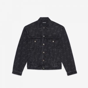 Balenciaga Men Large Fit Jacket in Stonewashed Black Lasered Denim