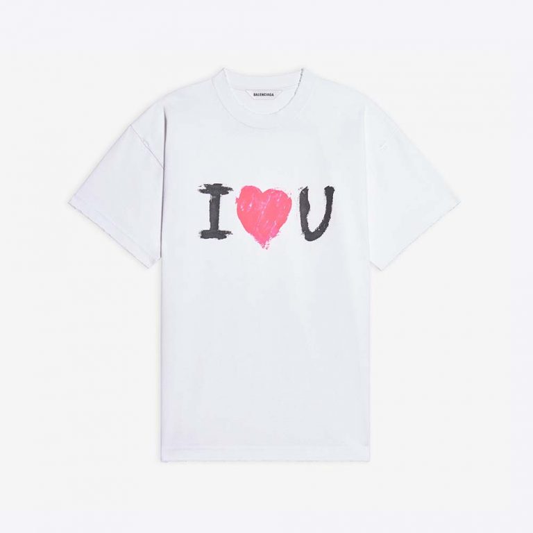 Balenciaga Women I Love U Medium Fit T-shirt in White Vintage Jersey