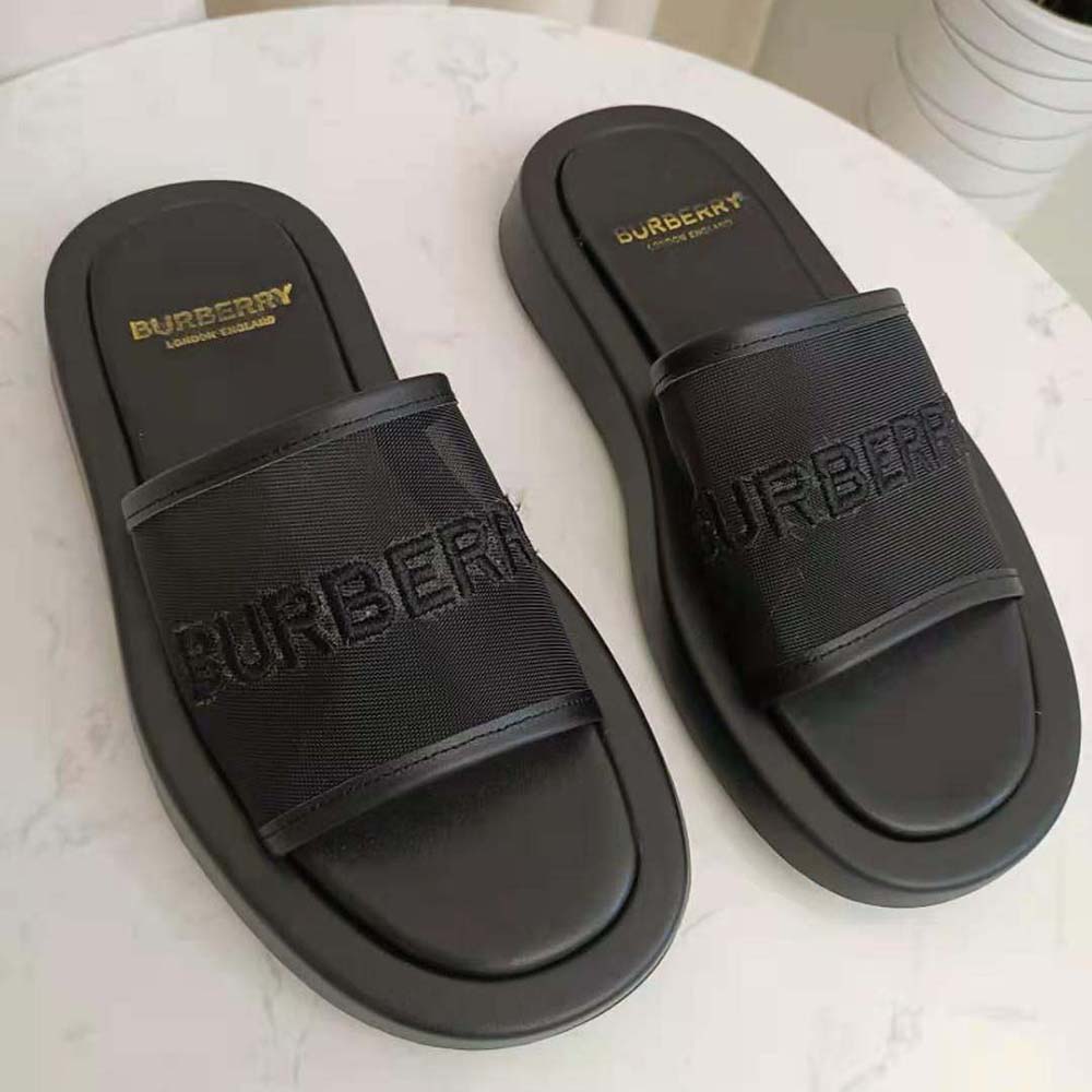 embroidered logo mesh and leather slides