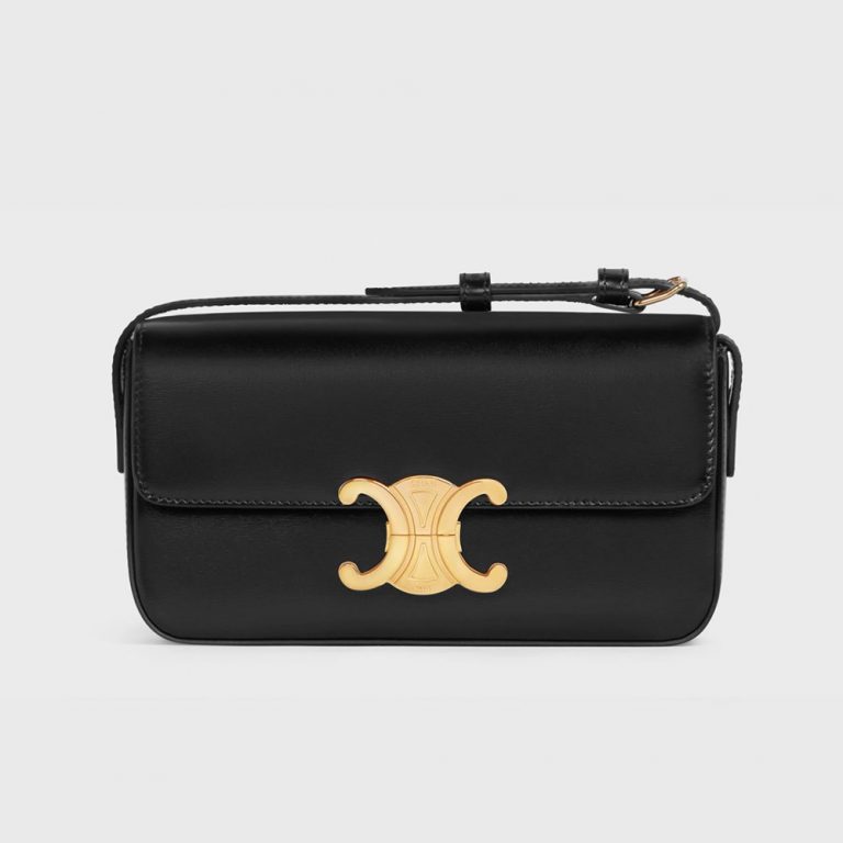 Celine Women Triomphe Shoulder Bag in Shiny Calfskin-black