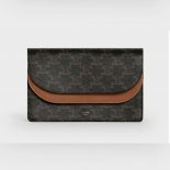 Celine Women Wallet on Strap in Triomphe Canvas and Smooth Lambskin-Tan