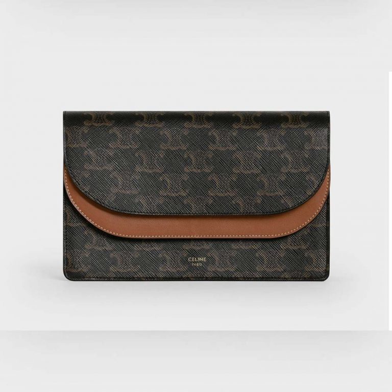 Celine Women Wallet on Strap in Triomphe Canvas and Smooth Lambskin-Tan