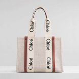 Chloe Women Medium Woody Tote Bag in Cotton Canvas and Shiny Calfskin with Woody Ribbo-Brown