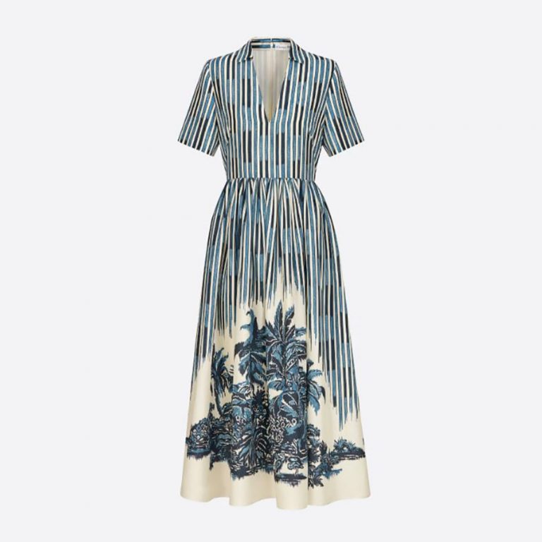 Dior Women Long Dress Blue and White Silk Canvas with Dior Palms Motif