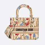 Dior Women Medium Lady D-lite Bag Beige Multicolor Dior Hibiscus Metallic Thread Embroidery