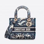 Dior Women Medium Lady D-lite Bag Blue Dior Palms Embroidery