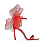 Jimmy Choo Women Aveline 100 Red Sandals with Asymmetric Grosgrain Mesh Fascinator Bows