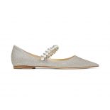 Jimmy Choo Women Baily Flat Platinum Ice Dusty Glitter Flats with Crystal and Pearl Strap