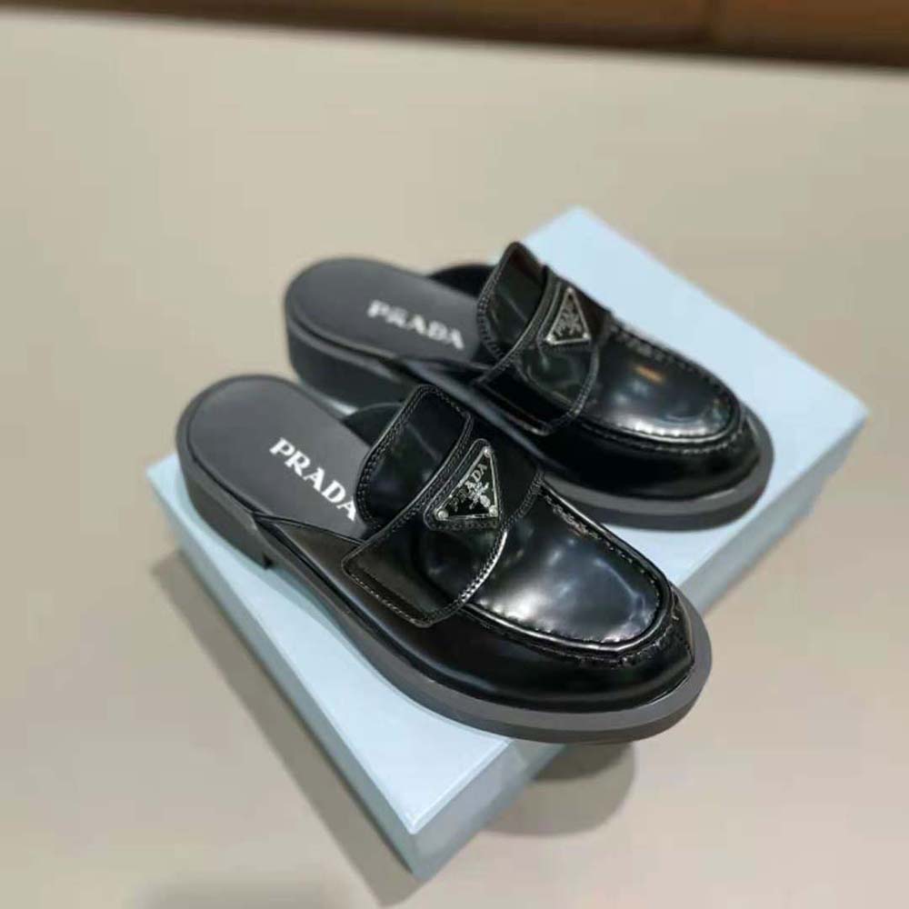 prada leather logo loafer mules