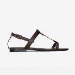 Saint Laurent YSL Women Cassandra Flat Sandals in Smooth Leather with Gold-Tone Monogram-Brown
