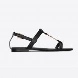Saint Laurent YSL Women Cassandra Flat Sandals in Smooth Leather with Gold-tone Monogram-Black