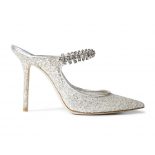 Jimmy Choo Women BING 100 Silver Glitter Tulle Mules with Crystal Strap