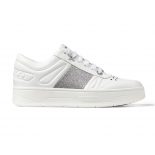 Jimmy Choo Women Hawaiif White Calf Leather Lace-Up Trainers with Glitter Stripe